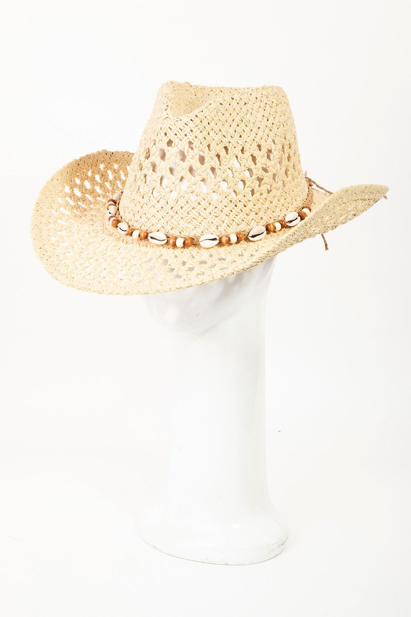 Cowboy Hat Desert Boho Fame Cowrie Shell Beaded String Straw Hat Everyday Casual outfit Sunny day