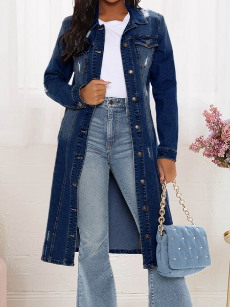 Denim Long Coat Retro Slim fit dark blue millennial style for everyday casual outfit Slim-fitting
