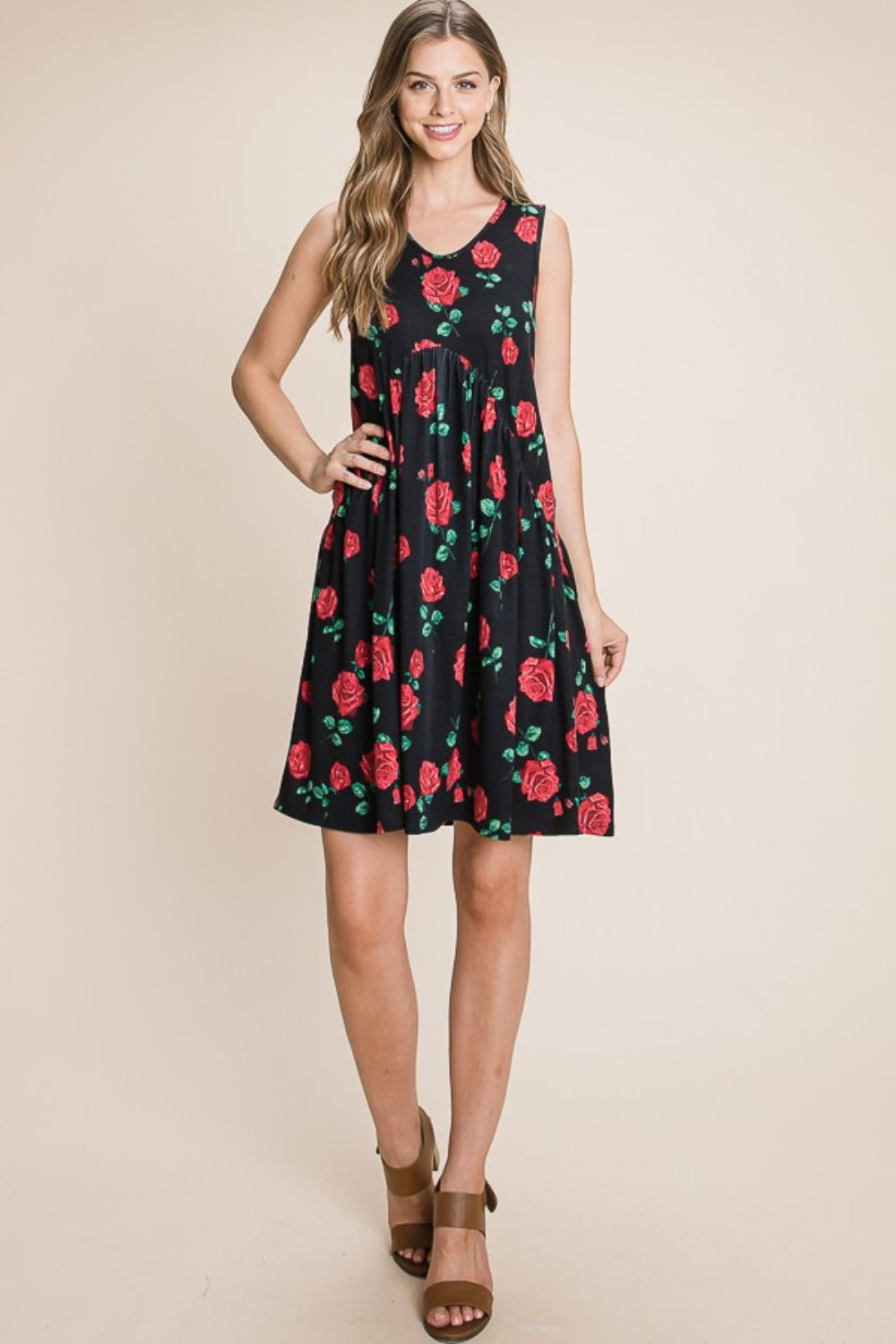 BOMBOM Floral Ruched Tank Dress