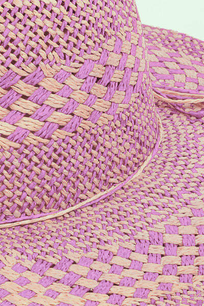 Pink Sun Hat Fame Checkered Straw Weave Vacation Beach Sunny Days outfit