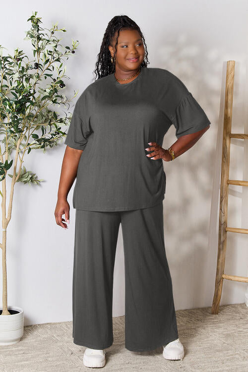 Top and Pants Set lounge outfit casual look Double Take Full Size Round Neck Slit