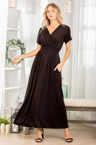 Maxi dress with pockets Heimish Ruched Pocketed Surplice Short Sleeve Dress
