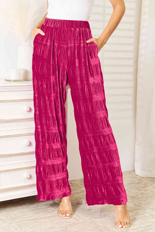 Pink Velvet Wide Leg Pants Double Take Full Size High Waist Tiered Shirring