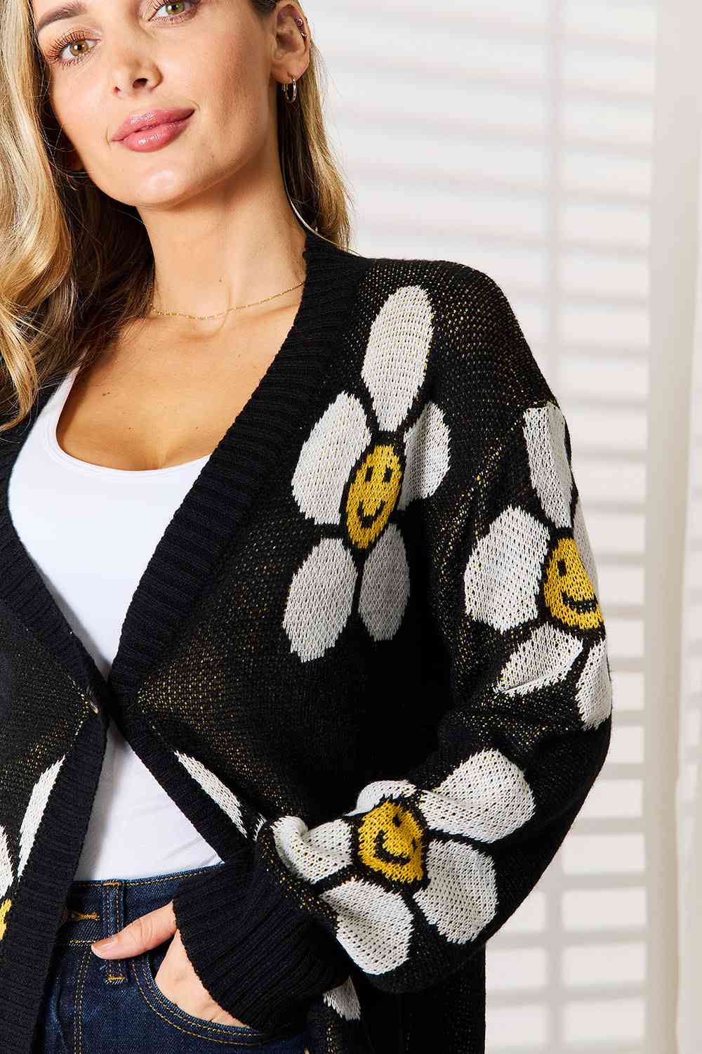 Happy flowers black Cardigan Double Take Floral Button Down