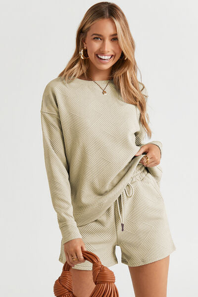 Shorts Set Long Sleeve Top and Drawstring lounge outfit Cozy and Chic  Double Take Full Size Texture