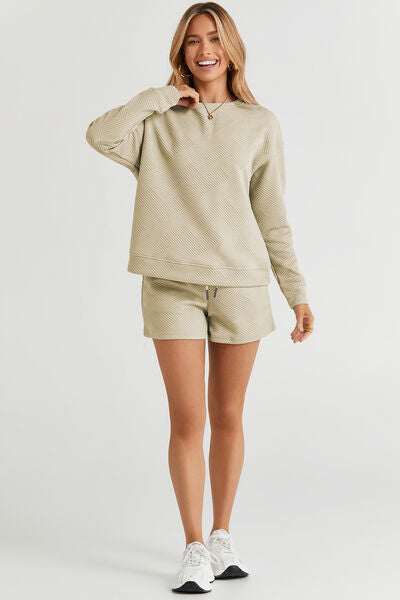 Shorts Set Long Sleeve Top and Drawstring lounge outfit Cozy and Chic  Double Take Full Size Texture
