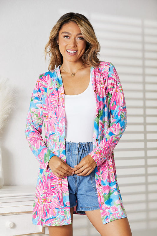 Floral Open Front Long Sleeve Cardigan Double Take