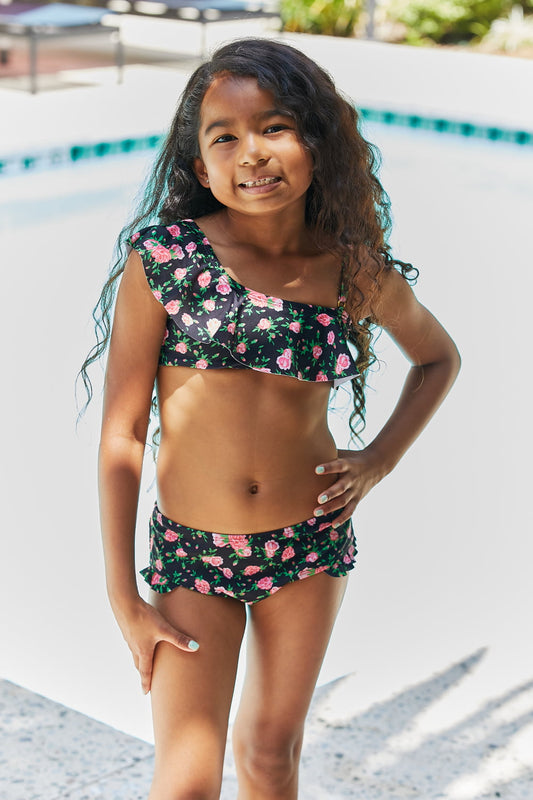 Girl Swim Two-Piece Set in Black Roses Marina West Swim Clear Waters