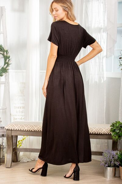 Maxi dress with pockets Heimish Ruched Pocketed Surplice Short Sleeve Dress