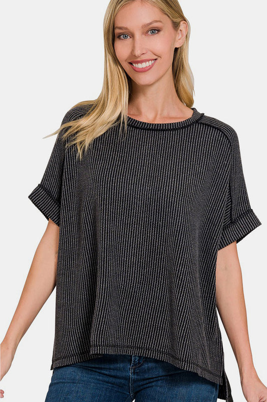 High-Low T-Shirt Comfortable Everyday Outfit Casual Tshirt Exposed Seam Zenana Ribbed