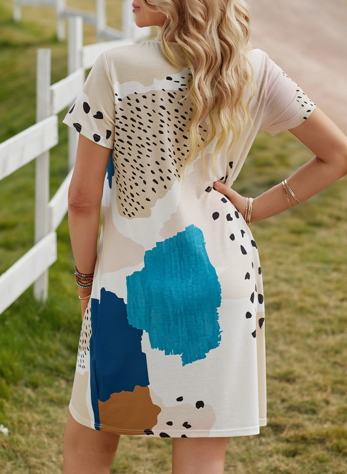 Mixed Print Round Neck T-Shirt Dress