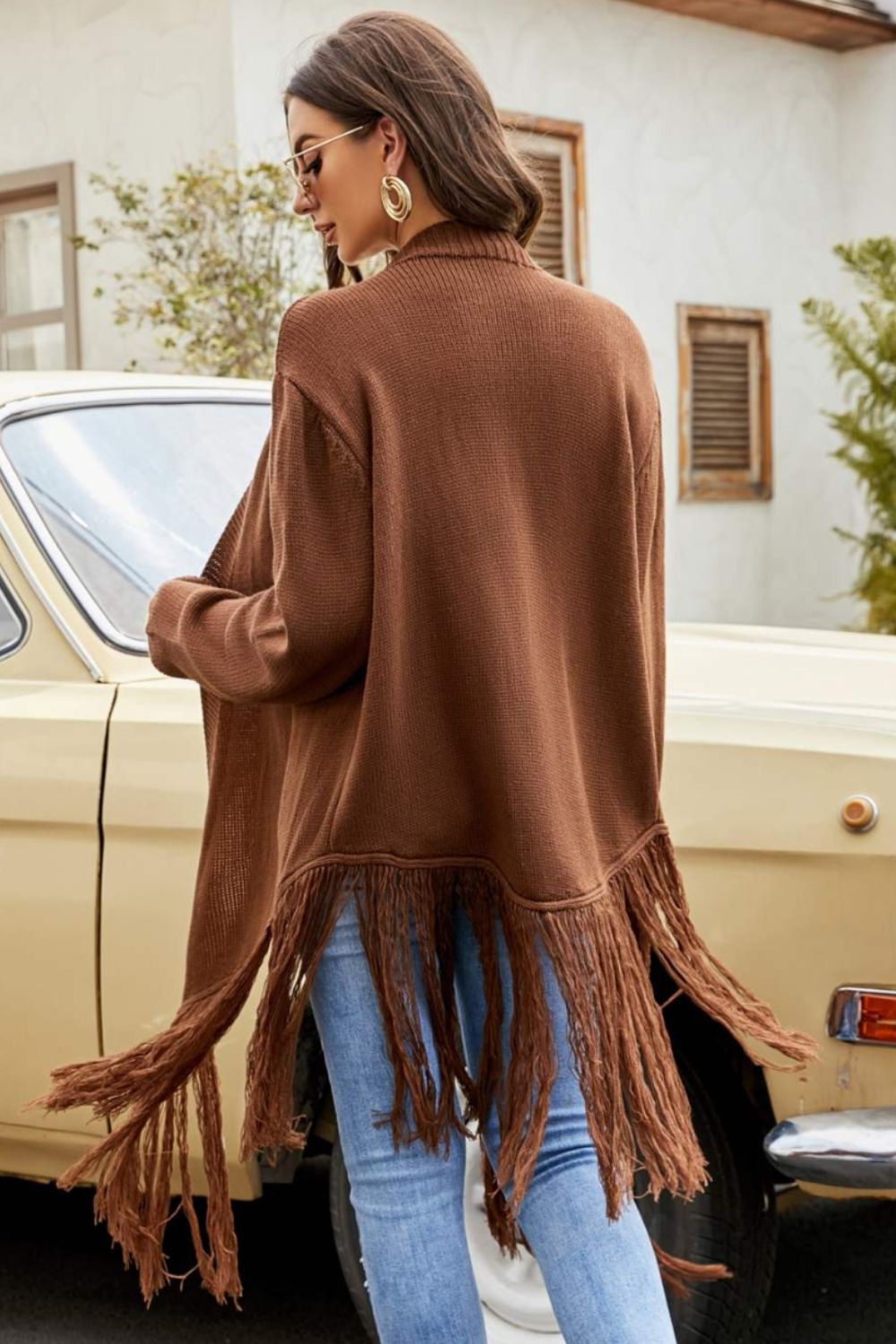 Fringe Hem Open Front Ribbed Trim Cardigan