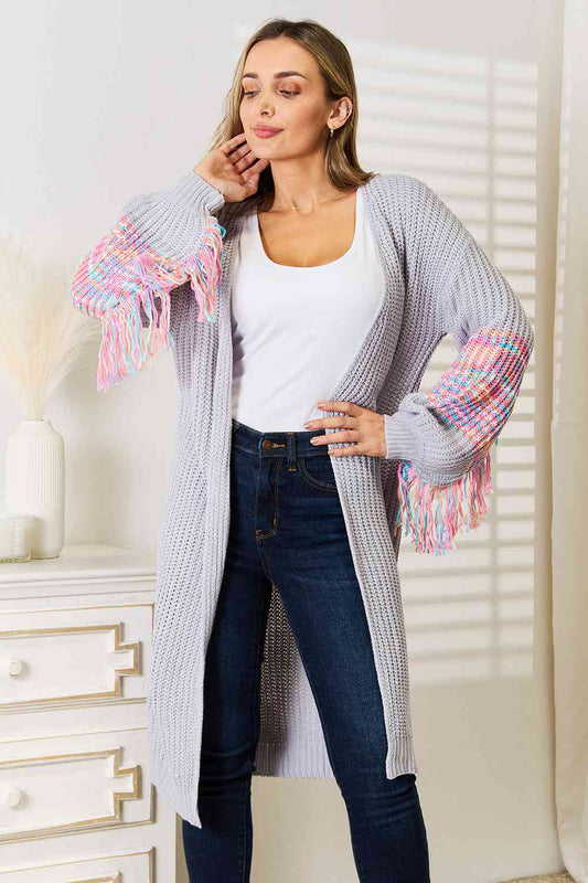 Gray Fringe Sleeve Dropped Shoulder Cardigan Woven Right