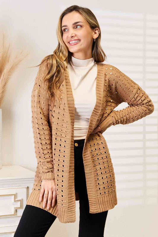 Brown camel Cardigan Woven Right Openwork Horizontal Ribbing Open Front