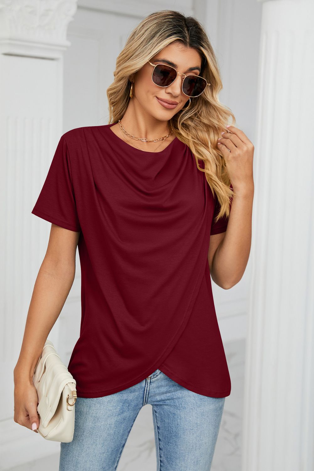 Cowl Neck Tulip Hem Tee Shirt