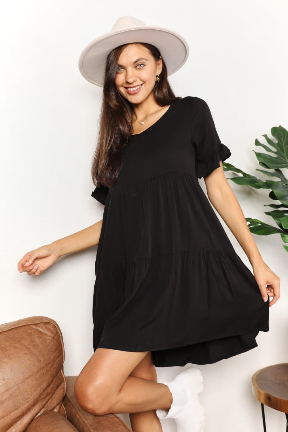 Dress V-Neck Flounce Sleeve Tiered Double Take casual everyday outfit