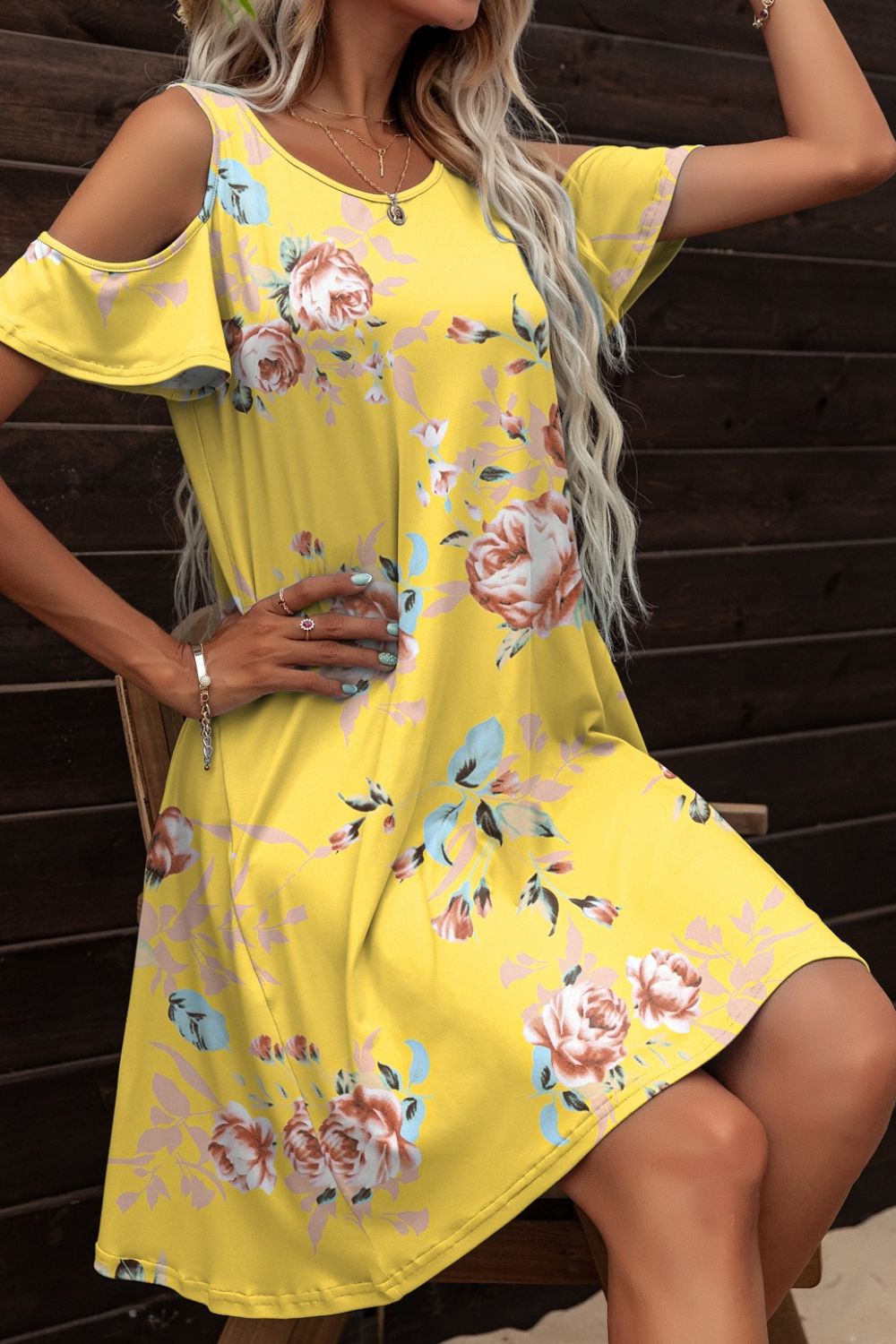 Floral Round Neck Cold-Shoulder Dress