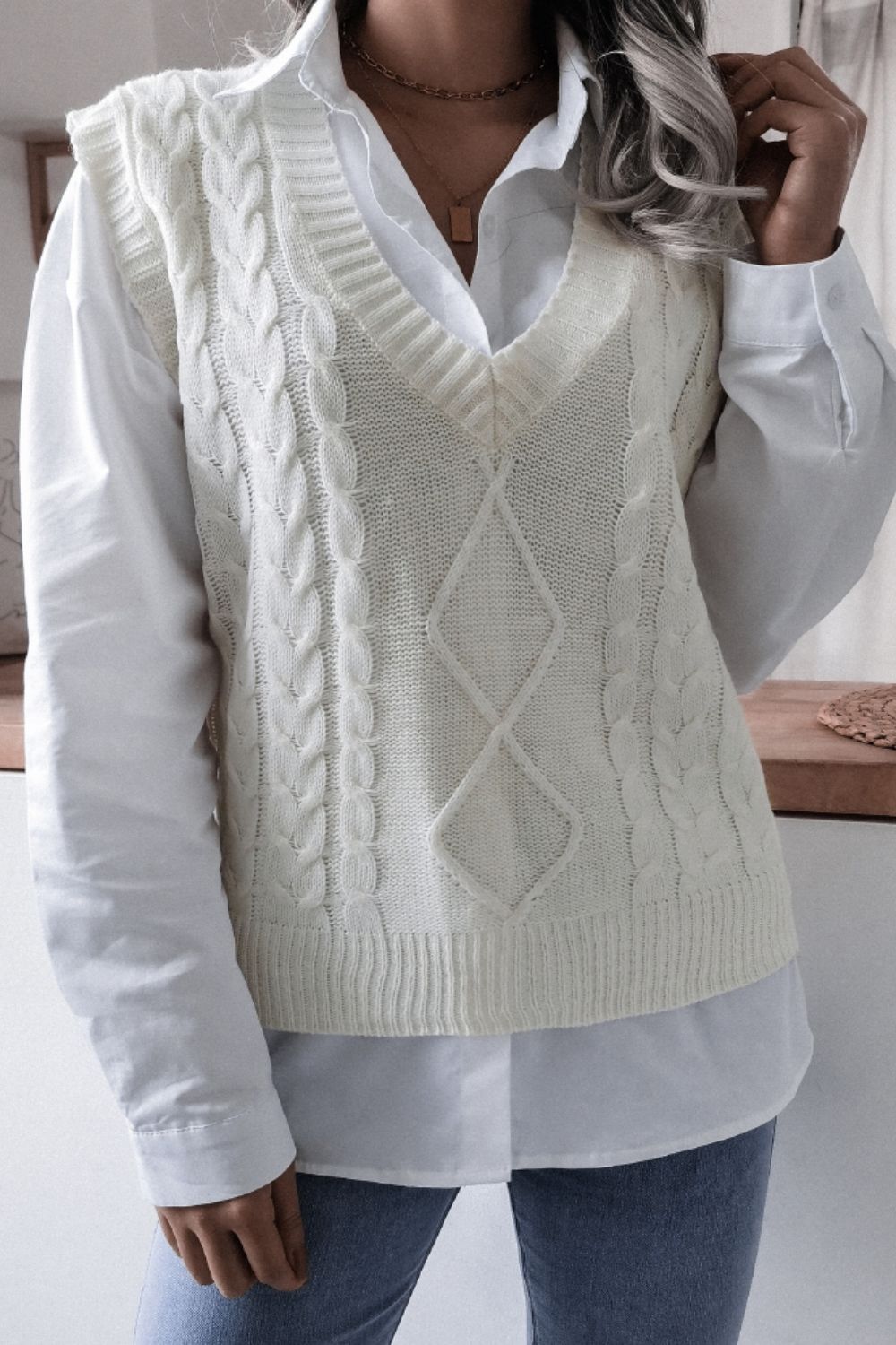 Cable-Knit V-Neck Sweater Vest