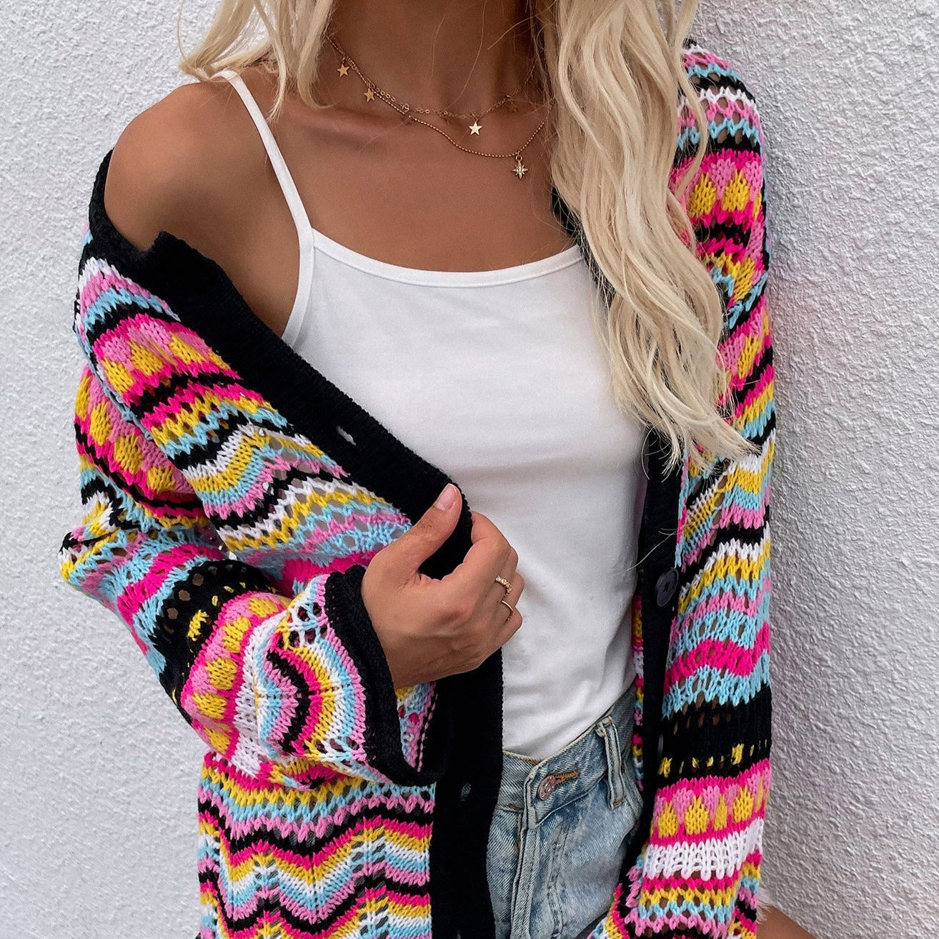 Chevron Stripes Openwork Cardigan