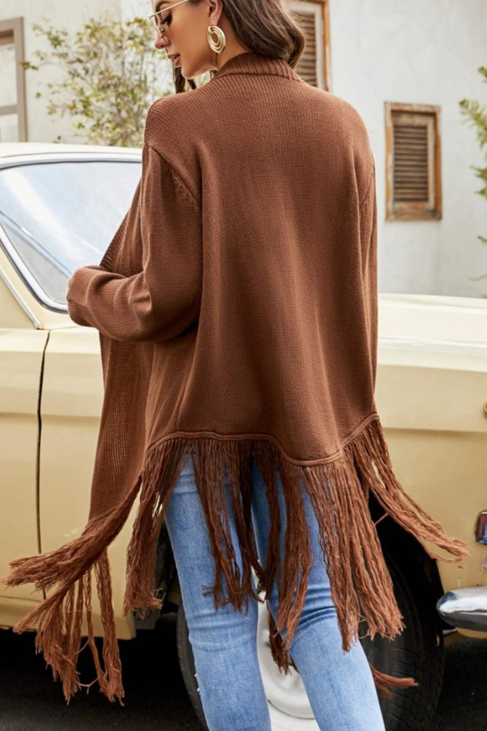 Fringe Hem Open Front Ribbed Trim Cardigan