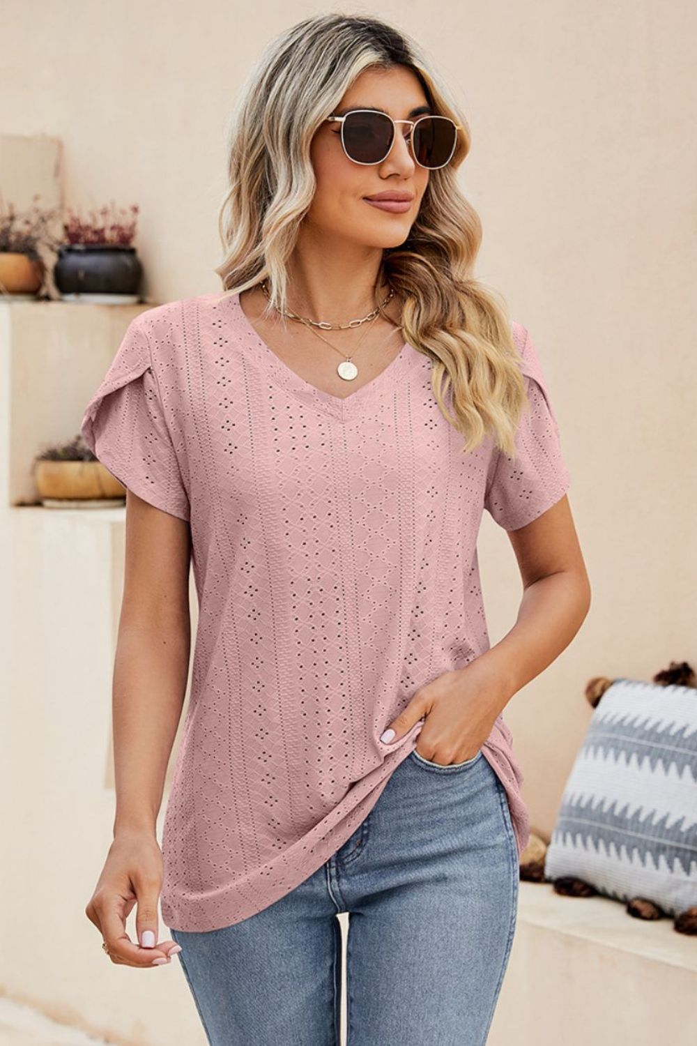 Eyelet Petal Sleeve V-Neck Knit Top