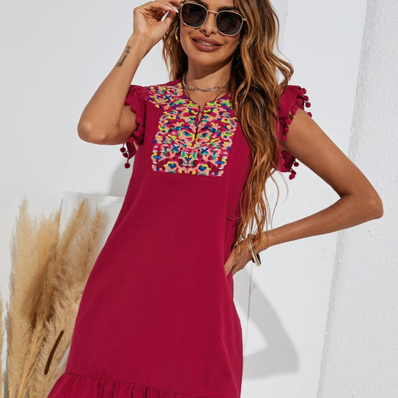 Graphic Embroidered Ruffle Hem Dress