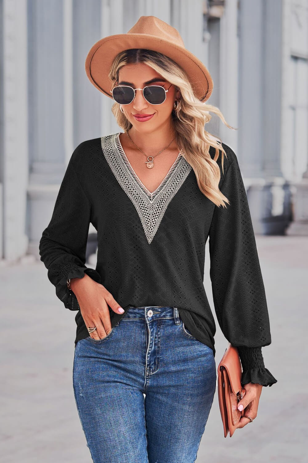 Contrast V-Neck Flounce Sleeve Top