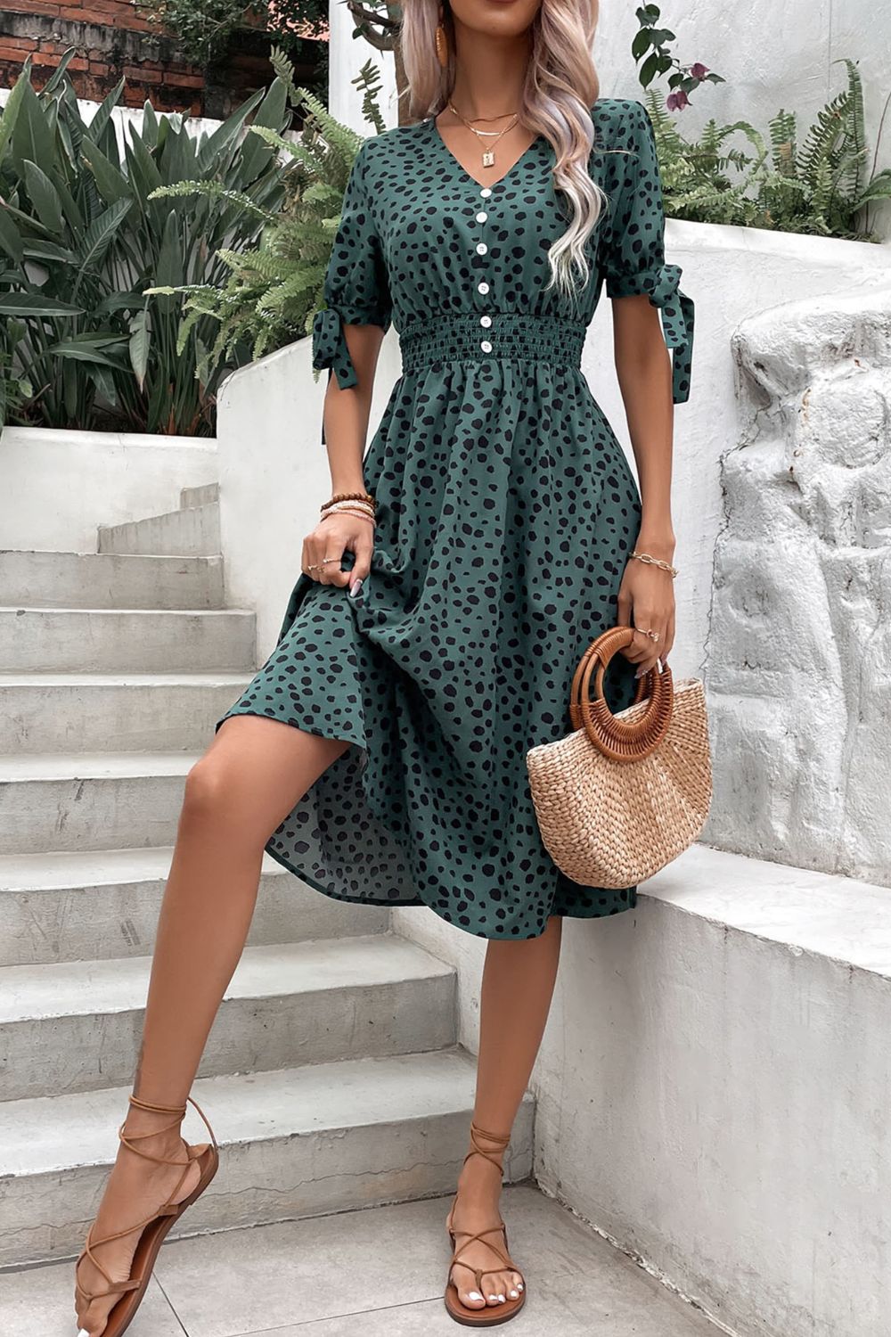 Printed Tie Cuff Smocked Waist Dress