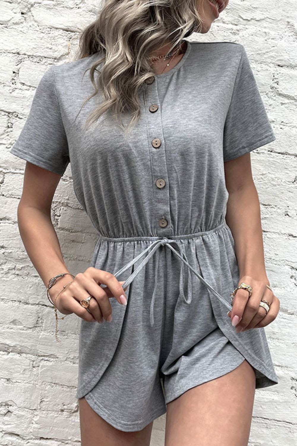 Buttoned Drawstring Round Neck Romper