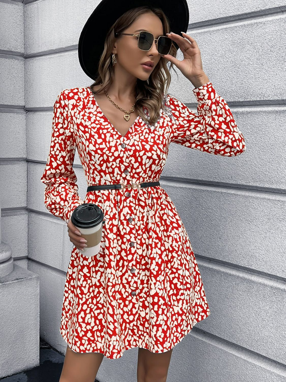 Animal Print Buttoned V-Neck Long Sleeve Dress