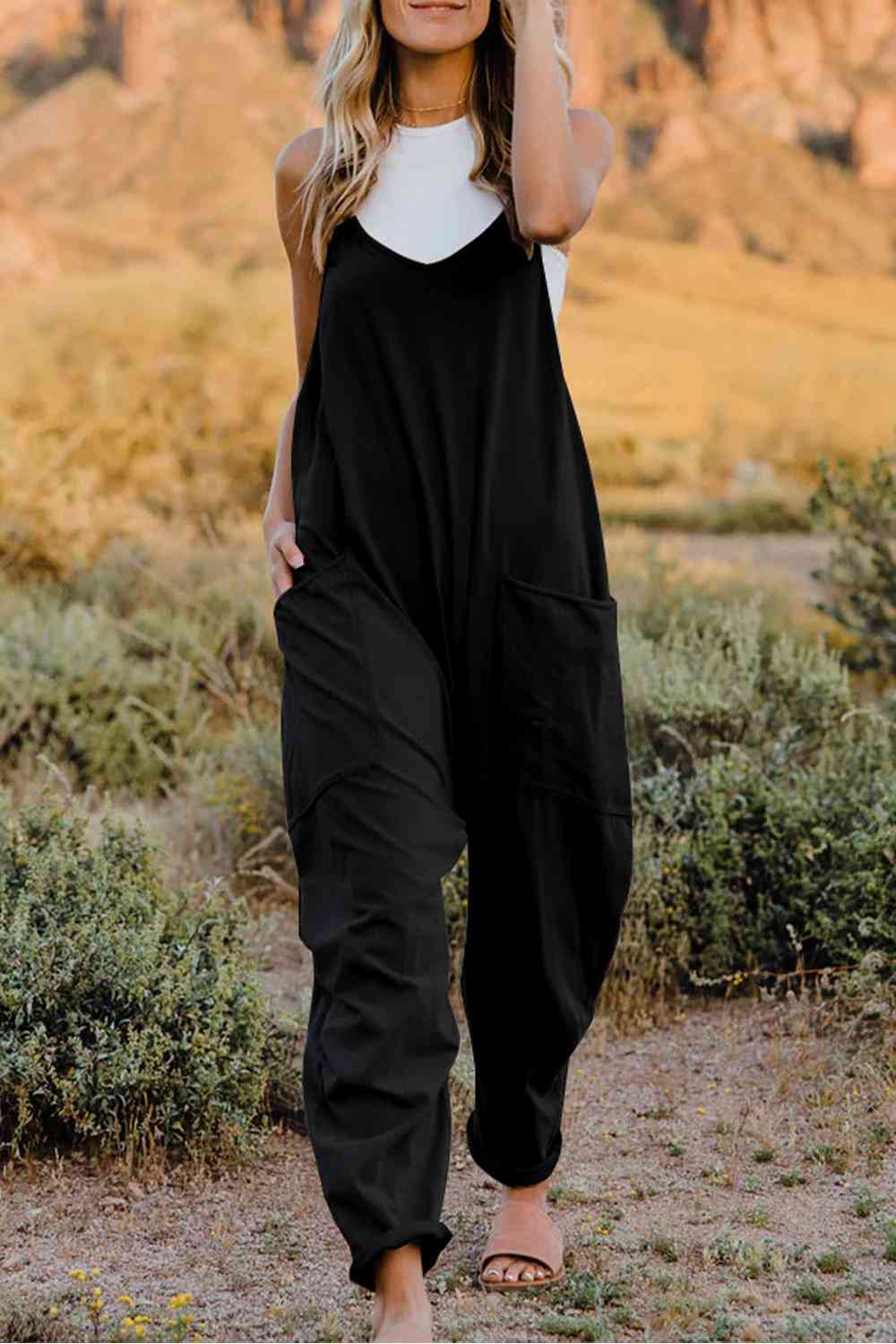 Trendy V-Neck Sleeveless Jumpsuit with Pockets Casual Chic for Women Double Take Design