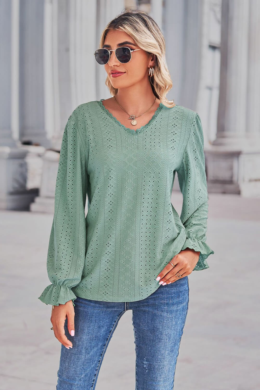 Lace Trim V-Neck Flounce Sleeve Top