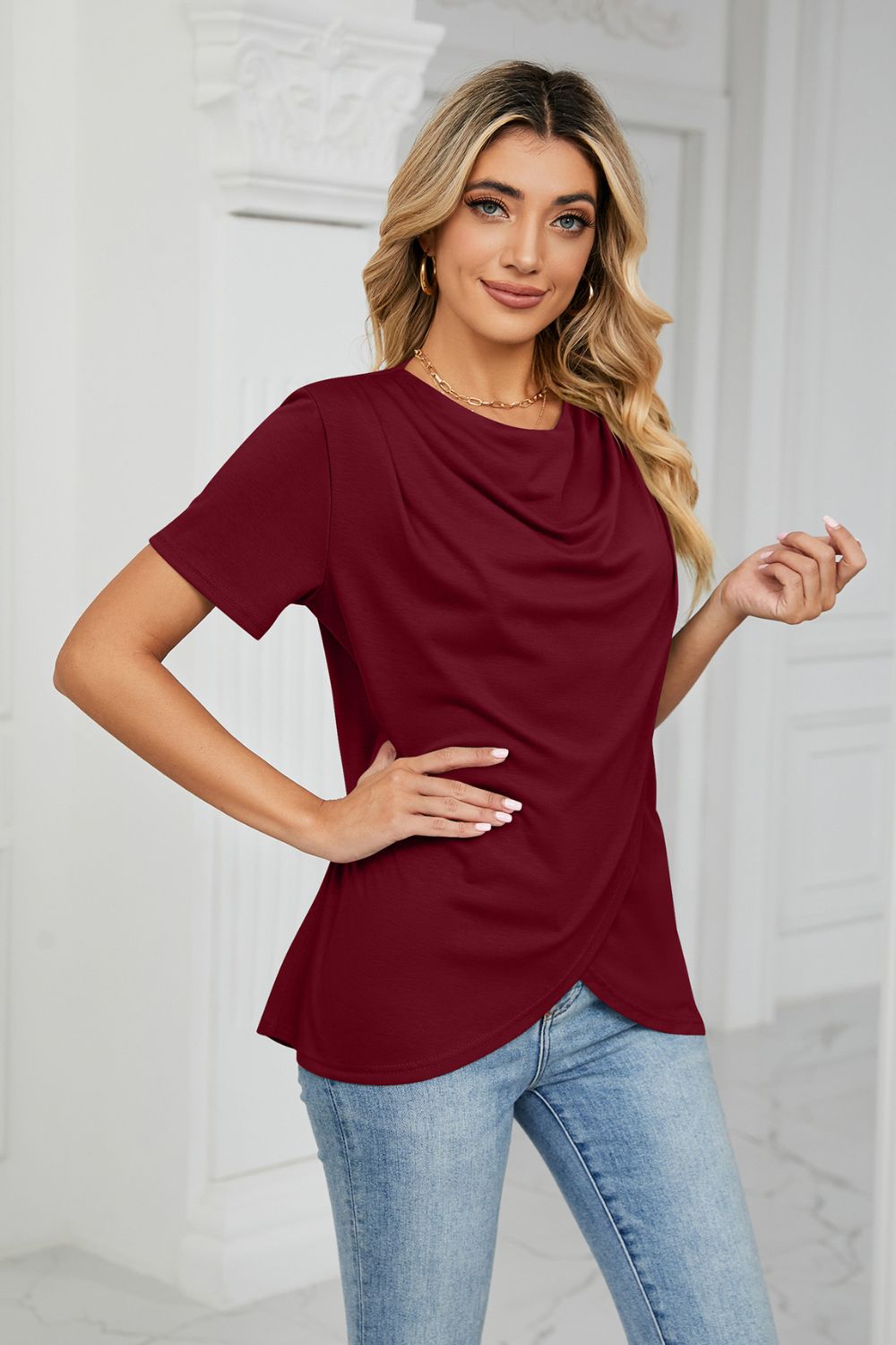 Cowl Neck Tulip Hem Tee Shirt