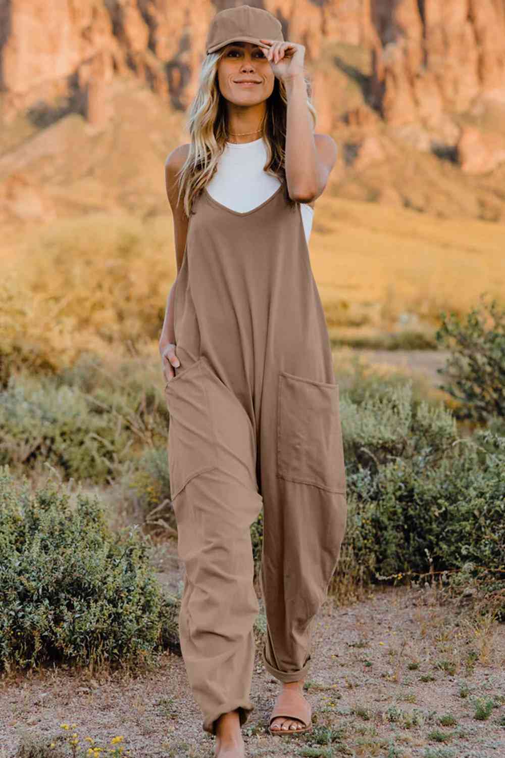 Trendy V-Neck Sleeveless Jumpsuit with Pockets Casual Chic for Women Double Take Design