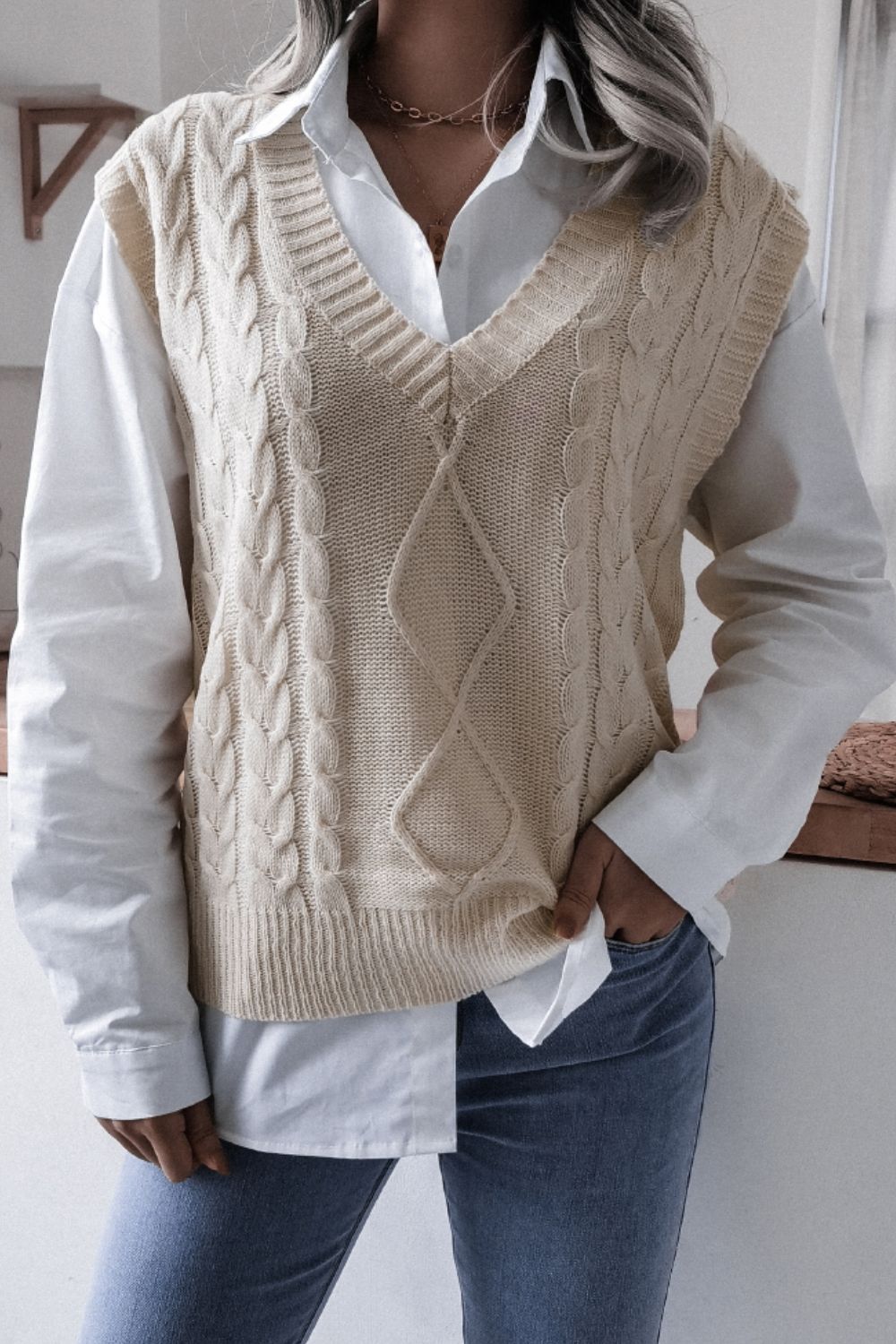 Cable-Knit V-Neck Sweater Vest