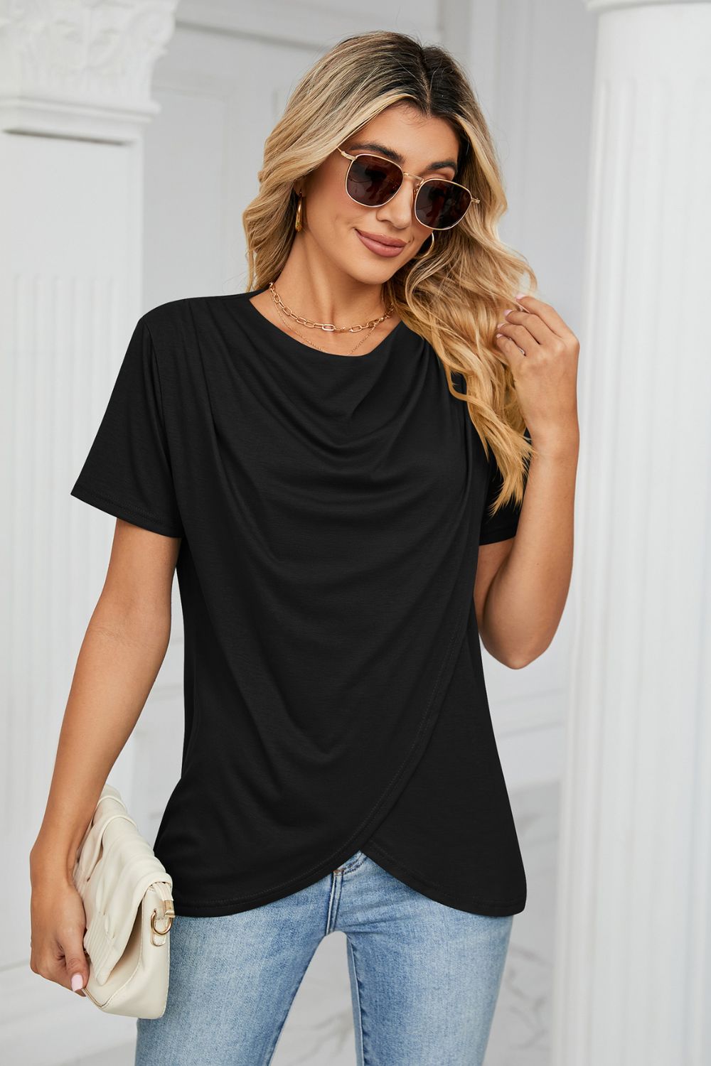 Cowl Neck Tulip Hem Tee Shirt