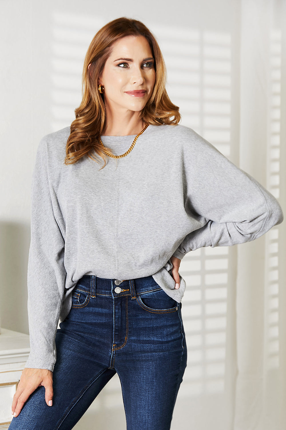 Pullover sweater minimalist Round Neck Long Sleeve Top Double Take Seam Detail