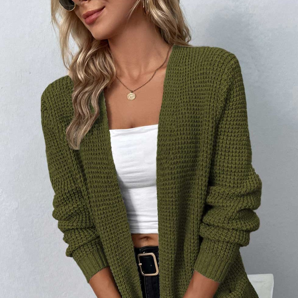 Rib-Knit Open Front Pocketed Cardigan