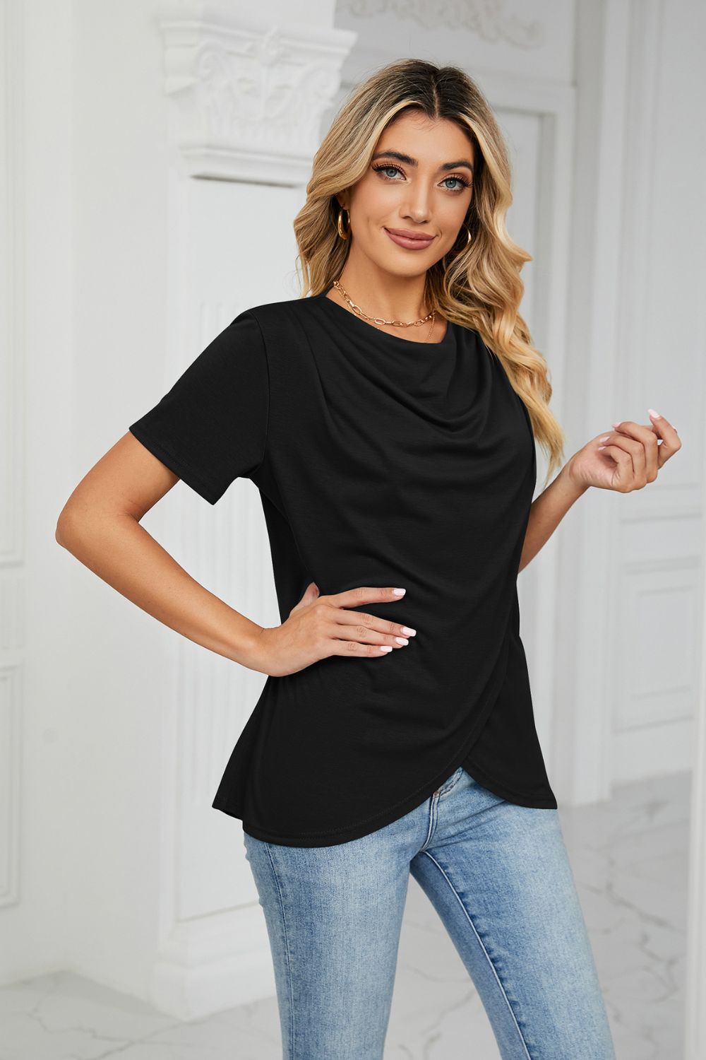 Cowl Neck Tulip Hem Tee Shirt