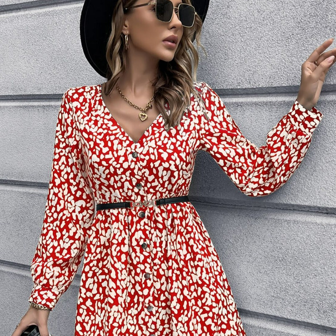 Animal Print Buttoned V-Neck Long Sleeve Dress