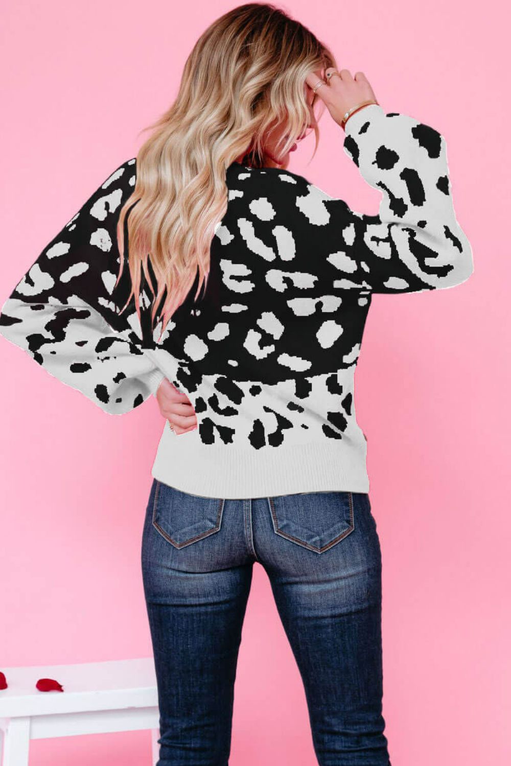 Leopard Ribbed Trim Dropped Shoulder Sweater