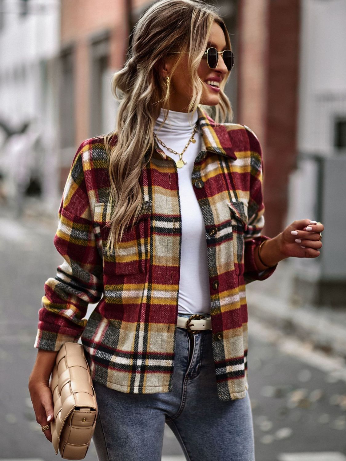 Plaid Button Front Brushed Shacket with Breast Pockets