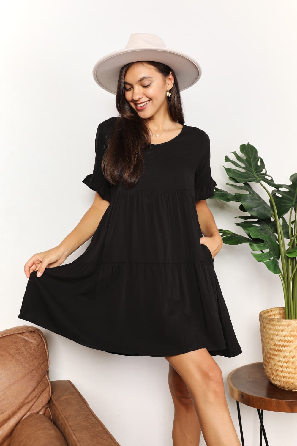 Dress V-Neck Flounce Sleeve Tiered Double Take casual everyday outfit