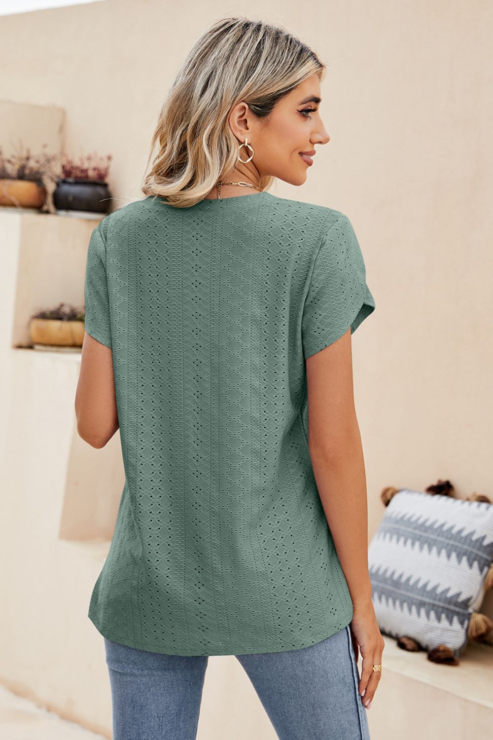 Eyelet Petal Sleeve V-Neck Knit Top