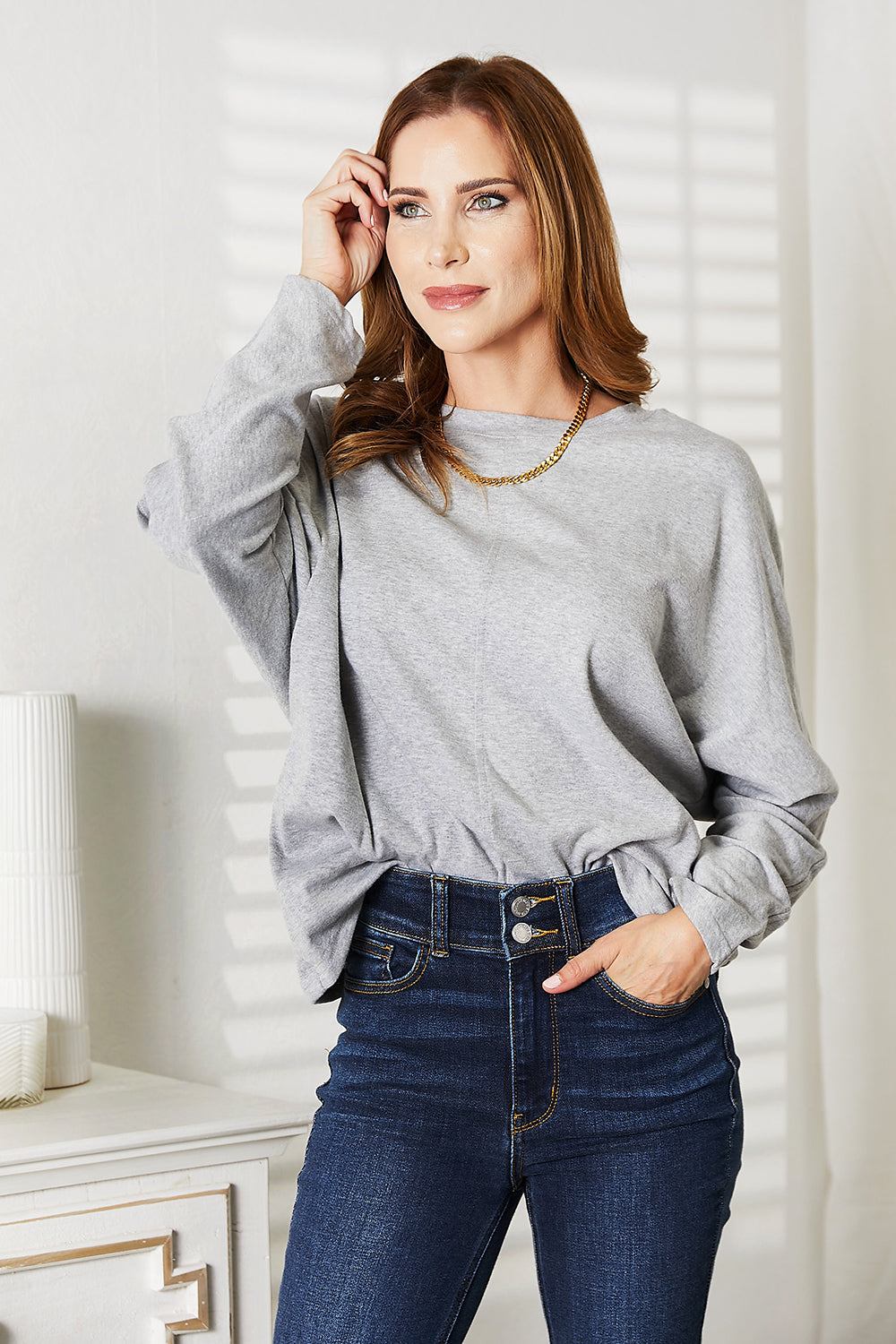 Pullover sweater minimalist Round Neck Long Sleeve Top Double Take Seam Detail