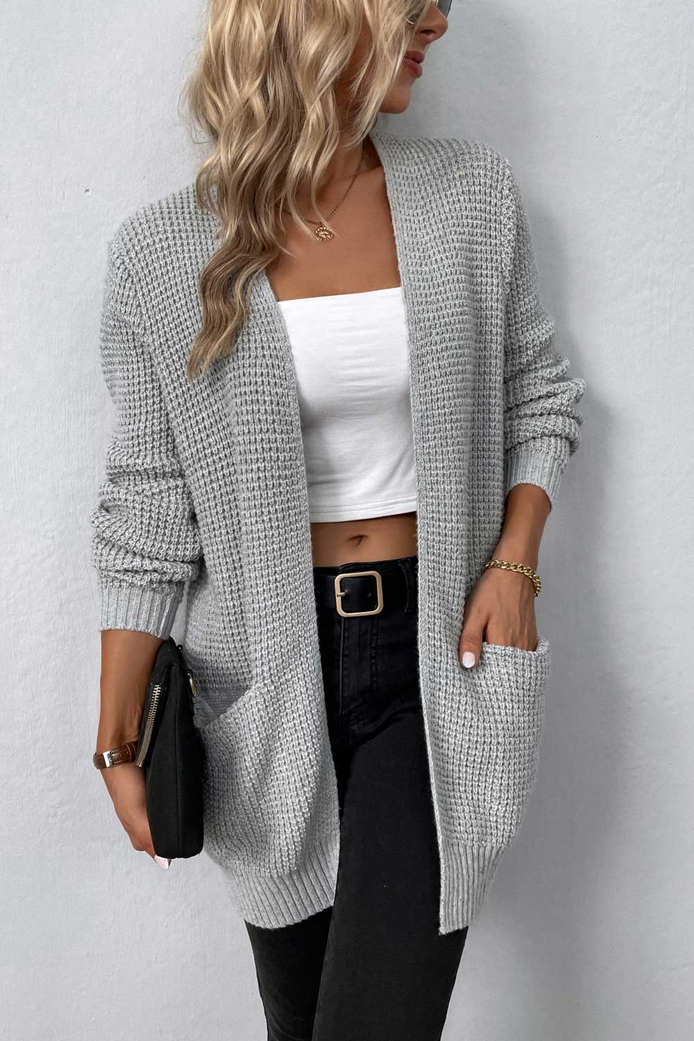 Rib-Knit Open Front Pocketed Cardigan